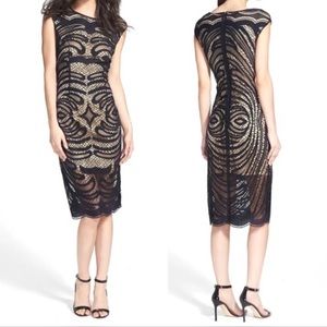 ALEXIA ADMOR Lace Bateau Midi Black Lace Overlay Nude Dress Size Small